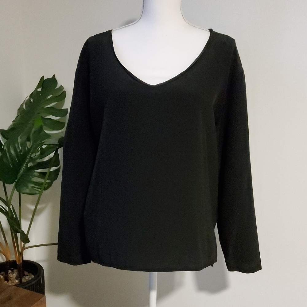 Reiss Black Silk V-Neck Blouse Top Size XL